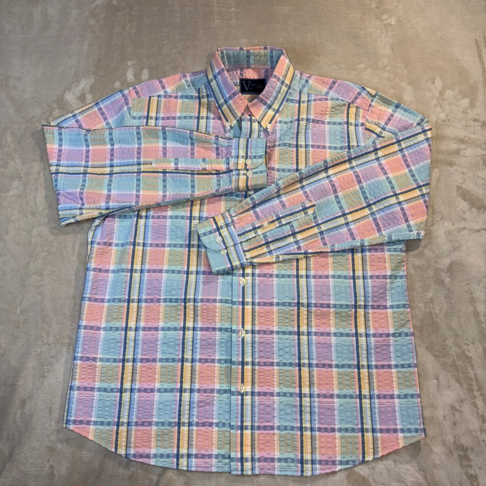Vineyard Place Mens Large Seersucker Plaid Button Down Shirt Pastel Pink Blue